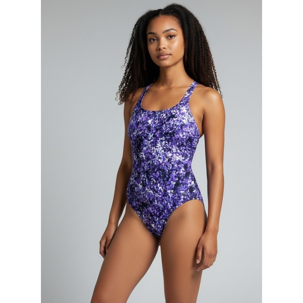 Speedo One Piece Swimsuit Womens Size 12 Purple Abstract Racerback Athletic Swim